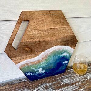 Ocean Waves Resin Wooden Cutting Board Charcuterie Board with Handle Cheeseboard